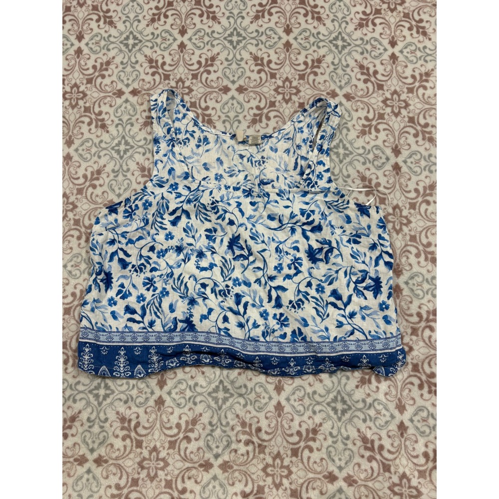 Joie Linen Tank Top Large Blue White Floral Border Print Sleeveless Blouse L